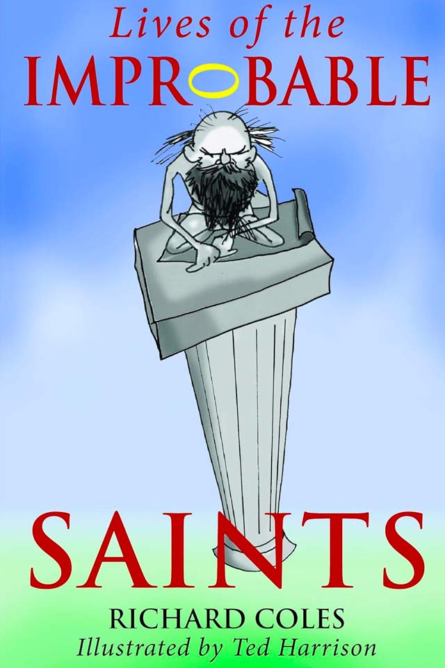 Cartoon of a naked bald man with a beard with a halo above his head. He's crouching on the top of a tall column