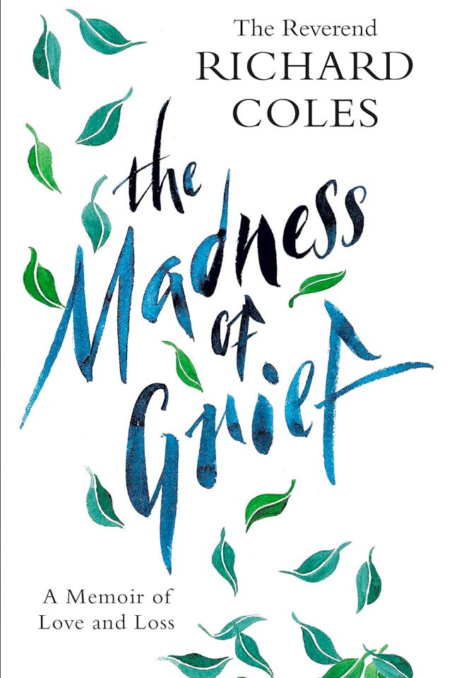 Illustrated text reading 'The Madness of Grief' surrounded by illustrations of falling leaves