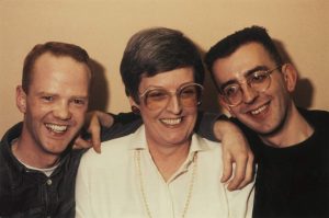Jimmy and me with my mum. Jimmy left Richard's mum in the middle, Richard on the right. All smiling / laughing.