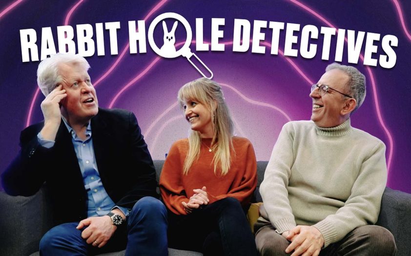 Rabbit Hole Detectives. Richard Coles sitting on a sofa with Dr Cat Jarman and Charles Spencer