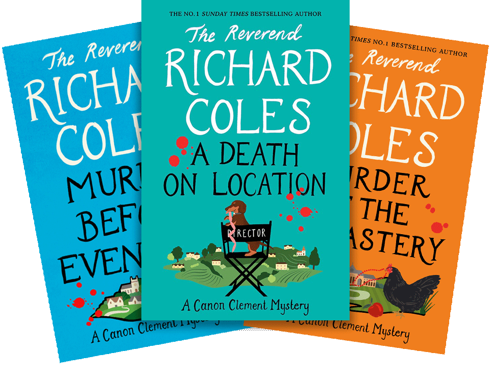 Three of Reverend Richard Coles Canon Clement Mystery Books. Death on Location, Murder at the Monastery, and Murder Before Evensong